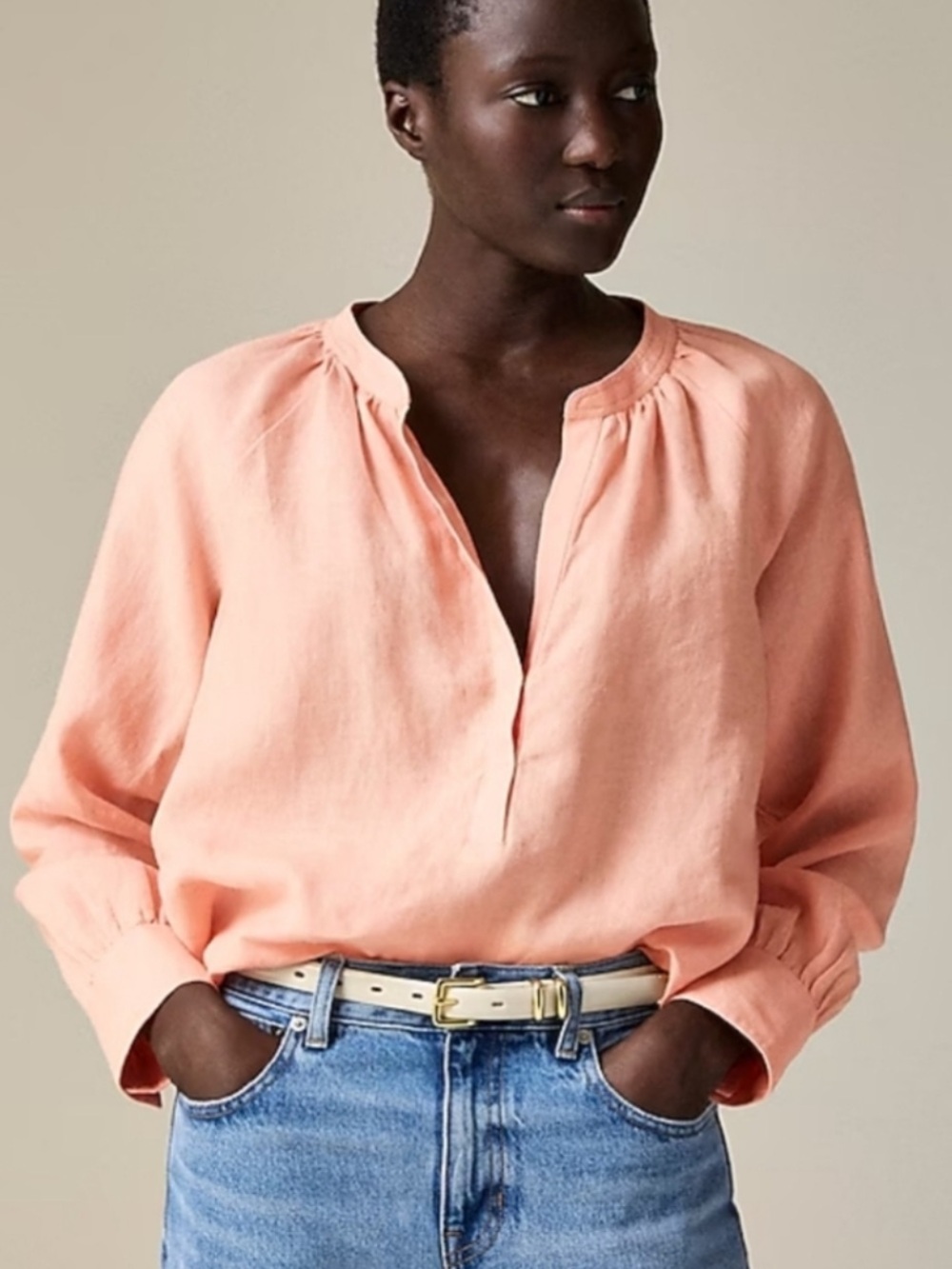 J Crew Cabana Peach Linen Pop Over Long Sleeve Top